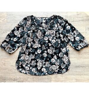 Lauren Conrad Floral Blouse Navy Blue Teal Pleated 3/4 Sleeve Top Womens XL